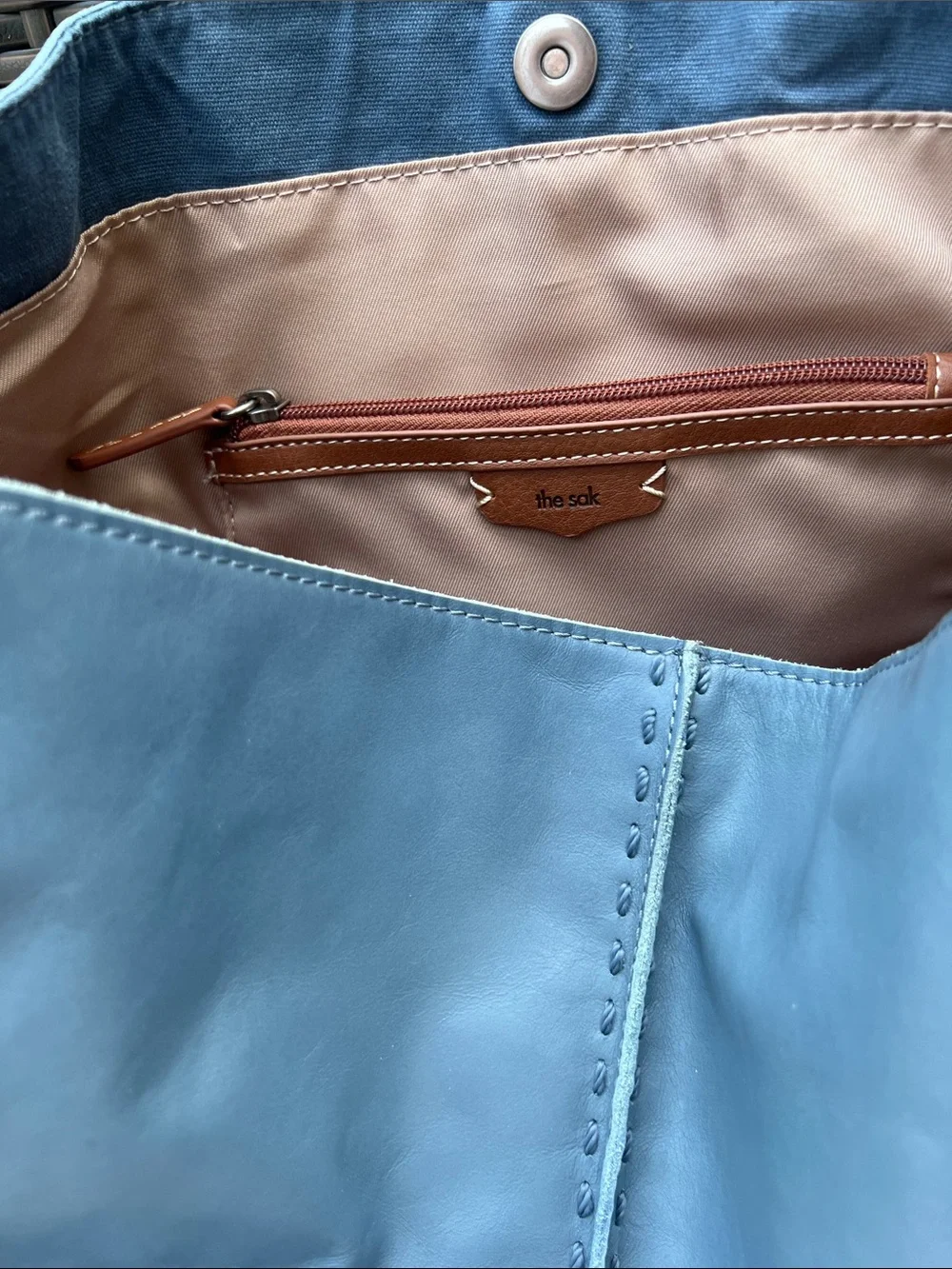 The Sak Two-Tone Blue Leather Tote with Tan Strap
